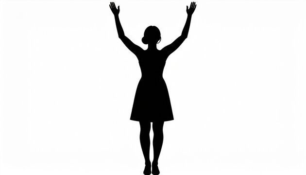 両手を高く上げて喜ぶ女性のシルエット：成功や勝利を表現する全身ポーズ