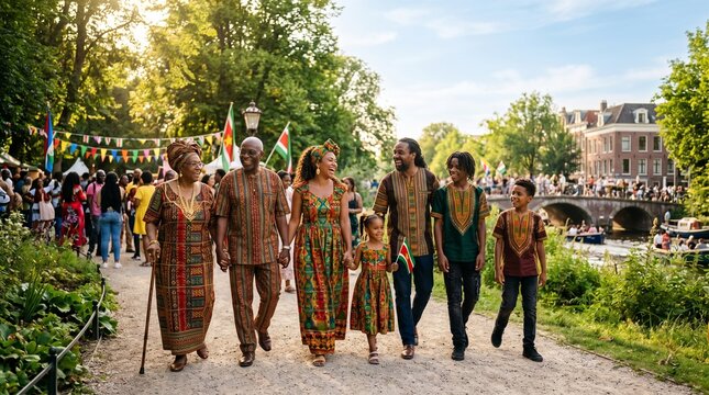 A multi-generational Black family smiles warmly as they walk together along a park path decorated with colorful flags near an Amsterdam canal