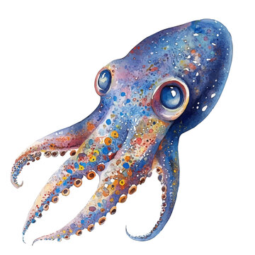 Squid, illustration watercolor artwork with subtle gradients and elegant contours, isolated on a white background.