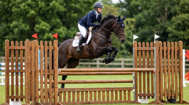 Equestrian rider jumping over wooden fence with horse in competition  
