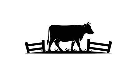Cow stands gracefully near a wooden pasture fence in a rural landscape setting. © Fian