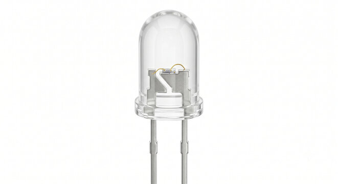 Clear 5mm through-hole LED electronic component showing internal structure isolated on white.