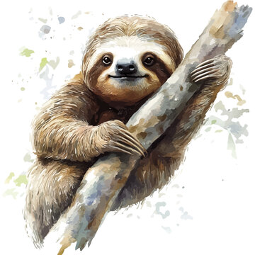 Sloth, watercolor with intricate brush textures and gentle highlights, isolated on a white background.
