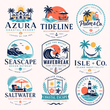 A collection of nine vintage-style tropical and coastal resort, restaurant, and travel logos featuring palm trees, waves, beaches, and sunsets.