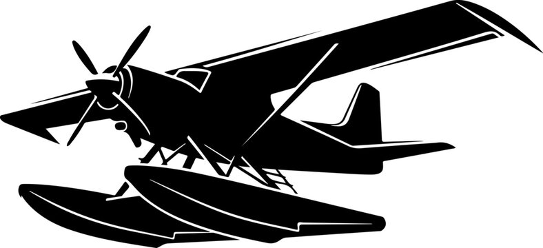 Black seaplane, airplane vector, float plane icon, aircraft silhouette