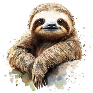 Sloth, refined watercolor illustration with luminous tones and soft layered brushwork, isolated on a white background.