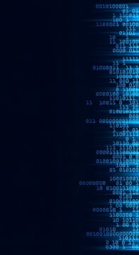 Cinematic abstract design background of blue digital binary code data streams scrolling down on monitor interface wall concept