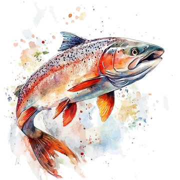 Salmon, refined watercolor illustration with luminous tones and soft layered brushwork, isolated on a white background.