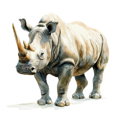 Fototapeta premium Rhinoceros, illustration watercolor with playful splashes and delicate line details, isolated on a white background.