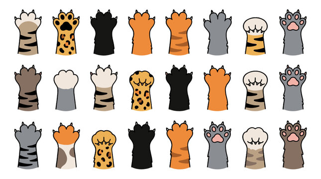 Collection of cartoon cat paws with striped and spotted fur