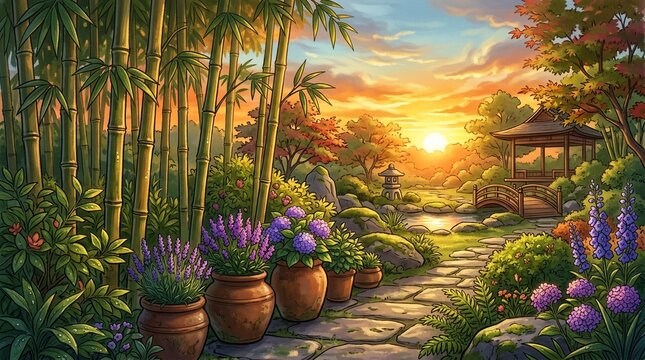 Serene Japanese Garden Scene with Potted Plants and Pagoda at Sunset