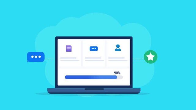 Modern flat vector animation of a laptop displaying a messaging dashboard with chat notification, progress bar, and user interface elements. Ideal for communication, software, and web technology proje