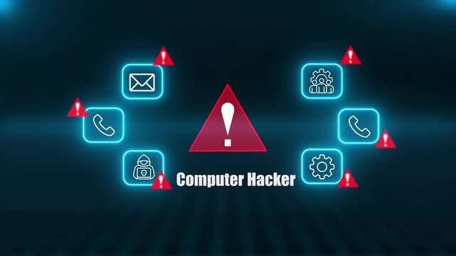 Digital Computer Hacker Cyber Security Warning Alert Interface Showing Phishing Attacks Data Breach Threats And Network Protection Icons For Business Online Safety
