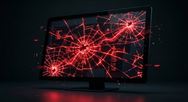 A computer monitor with a cracked screen displaying red glowing fractures on a dark background with scattered code