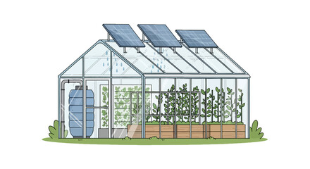 Sustainable glass greenhouse with solar panels and water storage © jidan