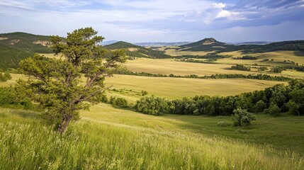 Fototapeta premium Expansive rolling hills and fields under a partly cloudy sky, with a lone tree in the foreground