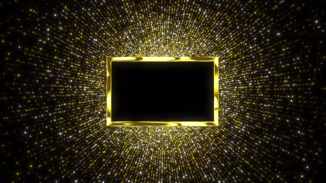 Golden rectangular frame with exploding dynamic particle lines and rays on transparent alpha channel background