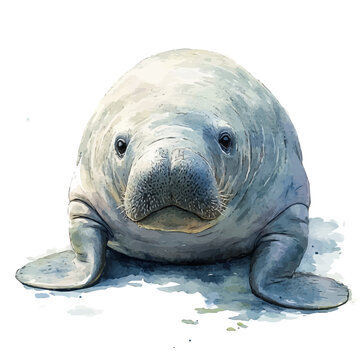 Manatee, watercolor with intricate brush textures and gentle highlights, isolated on a white background.