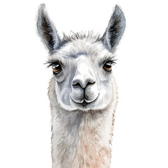 Fototapeta premium Llama, refined watercolor illustration with luminous tones and soft layered brushwork, isolated on a white background.