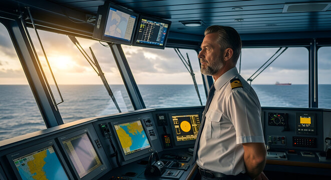 Ship captain navigating vessel using navigation systems and radar technology for safe maritime transportation and efficient route planning