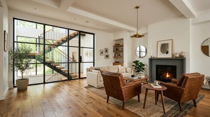Fototapeta premium Cozy modern living room featuring natural light and elegant decor