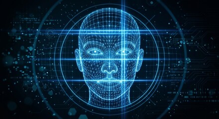Fototapeta premium A glowing blue wireframe face with grid lines and binary code on a dark background with circuit board