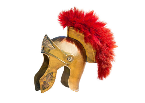 Ancient Roman centurion brass helmet with red crest transparent background.