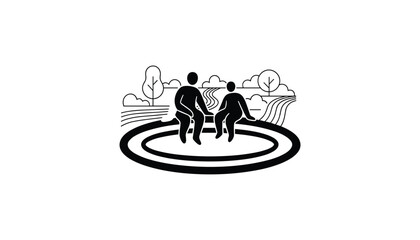 Obraz premium Two people sitting together on a circular bench in an outdoor landscape park with trees and path in a minimalist vector style.