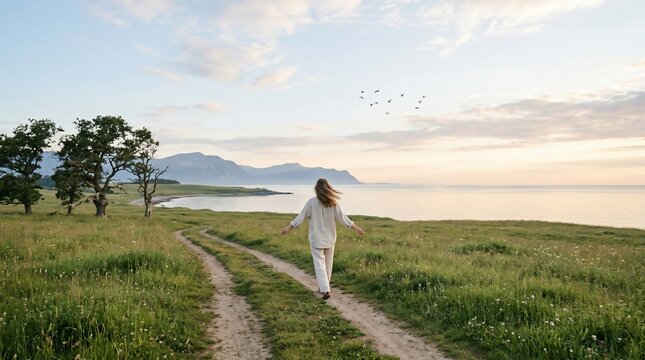 Woman running on dirt path towards serene lake and mountain landscape