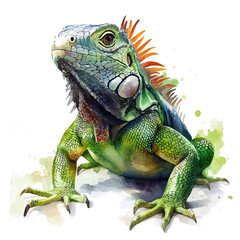 Fototapeta premium Iguana, illustration watercolor with dynamic strokes and balanced color harmony, isolated on a white background.
