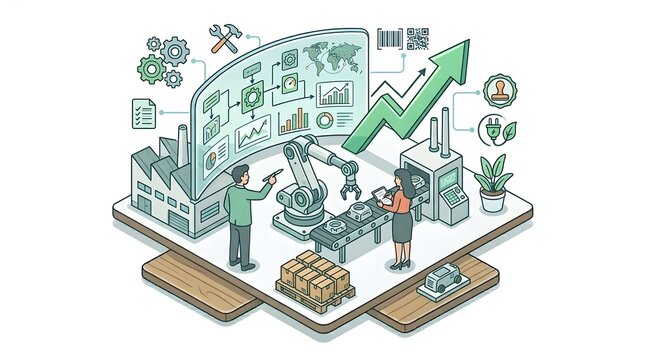 This image features a large industrial factory structure juxtaposed with a dynamic growth arrow effectively illustrating concepts of corporate expansion strategic development