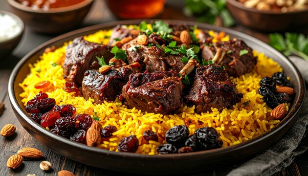 Delicious Kabsa Dish with Rice, Meat, and Dried Fruits.