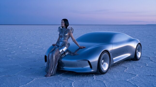 Woman in Futuristic Fashion with Concept Car on Salt Flat