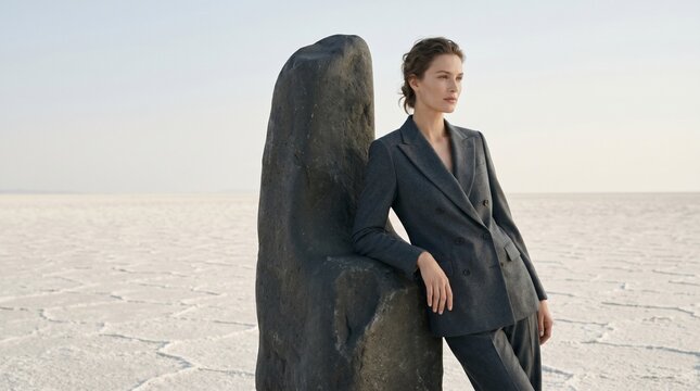 Professional Woman Leaning Against Stone in Minimalist Landscape