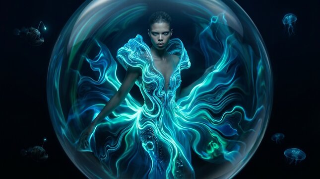 Woman in Bioluminescent Jellyfish-Inspired Dress