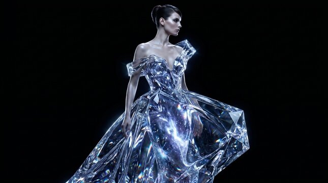 Woman in Luminous Crystal Ball Gown Against Black