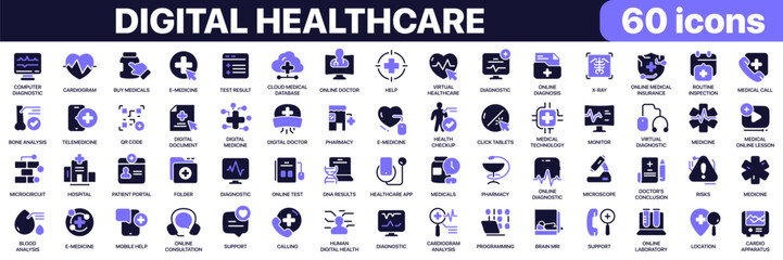 Fototapeta premium Digital healthcare icon collection in purple colored style.Includes telemedicine, online diagnosis, medical technology, virtual healthcare, digital records