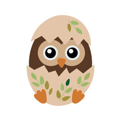 Obraz premium Cute baby owl hatching from an egg. Little bird character with botanical leaf elements. Spring nature illustration for kids, nursery decor, and stickers. Flat vector illustration isolated on white bac