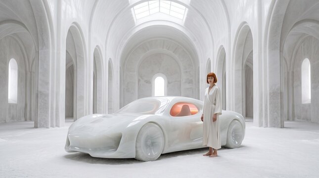 Woman With Futuristic White Sports Car in Modern Architecture