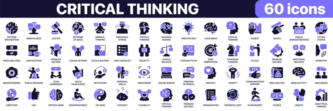 Critical thinking icon collection in purple colored style.Includes problem solving, analysis, decision making, logic, strategy, reasoning and cognitive skill icons in flat fill style