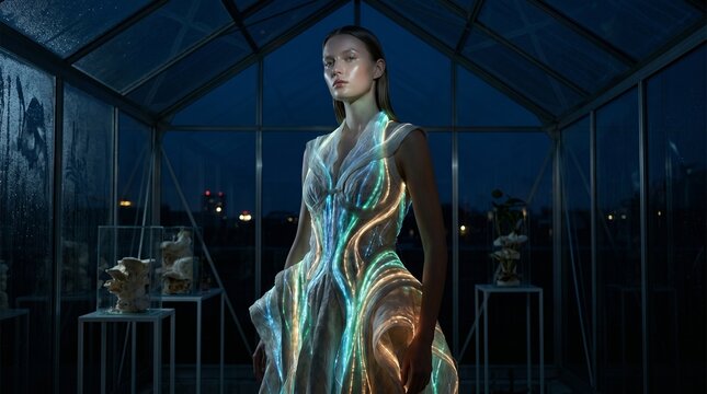 Woman in Luminescent Futuristic Dress at Night
