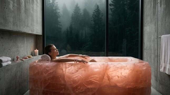 Woman Relaxing in Pink Marble Bathtub with Forest View