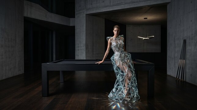 Woman in Geometric Crystal Dress by Pool Table
