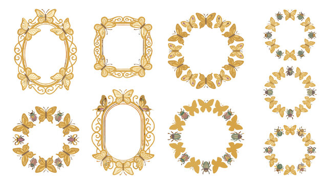 Golden butterfly decorative frames and wreath vector set
