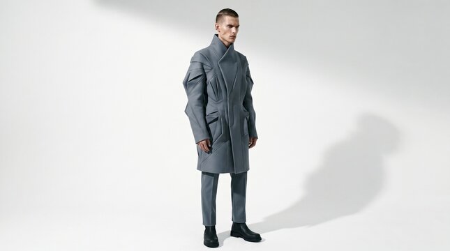 Male Model in Modern Gray Coat Fashion Pose