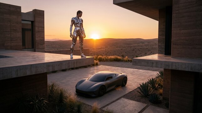 Futuristic Woman in Metallic Bodysuit Overlooking Desert Landscape