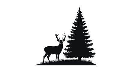 Deer stands gracefully next to a tall coniferous pine tree in a serene and quiet forest landscape. © Fian