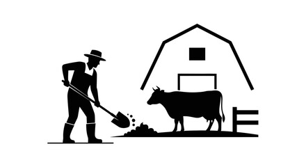 Farmer works with a shovel near a barn and a cow on a rural agricultural property at sunrise. © Fian