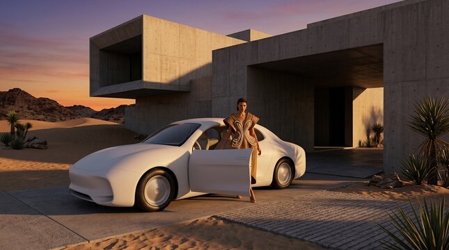 Luxury Lifestyle Woman Posing With Electric Vehicle Desert