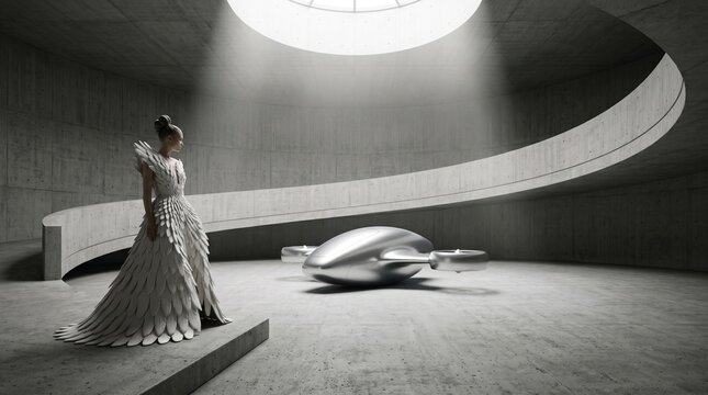Woman in Futuristic Dress with Spaceship in Concrete Gallery